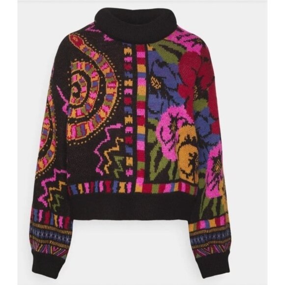 FARM Rio Sweaters - FARM Rio Black Mixed Scarves Sweater Floral Thick High-Neck Pullover
